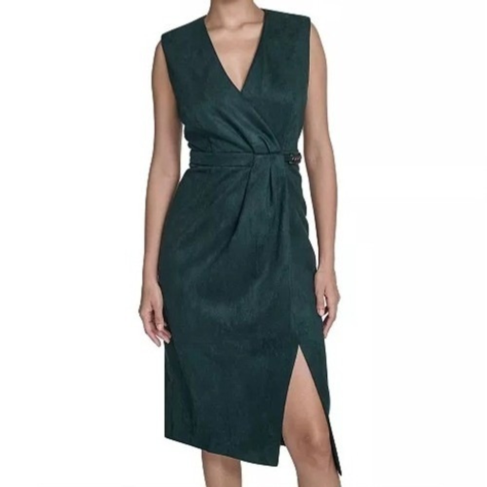 Calvin Klein Side Chain Midi Green Sleeveless Split V Neck Dress Womens Size 10
